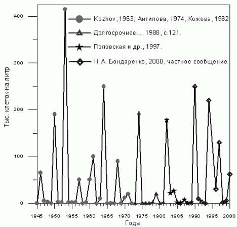 Fig 1.1.  Dynamics of the maximum abundance of the planktonic diatom alga Aulacoseira baicalensis in Southern Baikal. Before 1981 - maximum abundances found with samples taken every 10 days at the pelagic station near Bolshie Koty. After 1981 - maximum abundances with samples taken during spring expeditions of the Limnological Institute. 